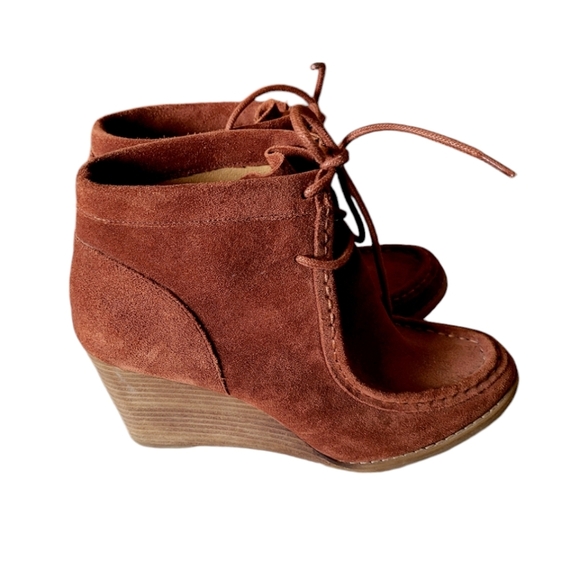 Lucky Brand Burnt Orange Suede Leather Lace Up Wedge Booties Ankle Boots Sz 8.5 - Picture 3 of 8